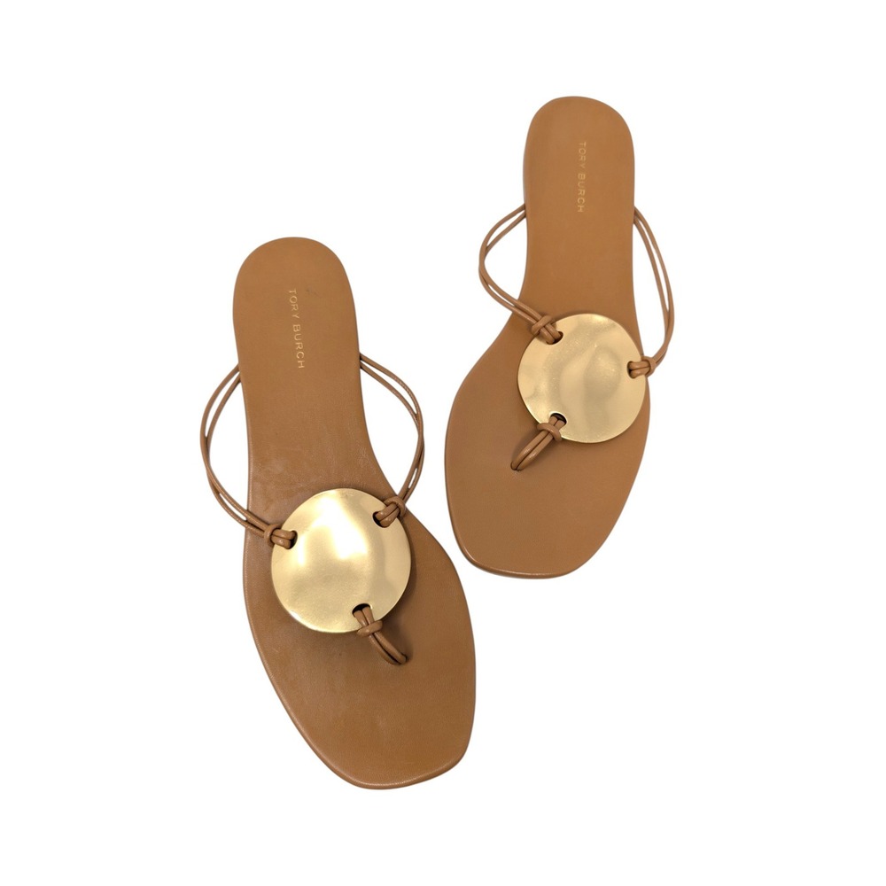 Tory Burch Patos Caramel Leather Gold Disc Thong Sandals Size 9M
